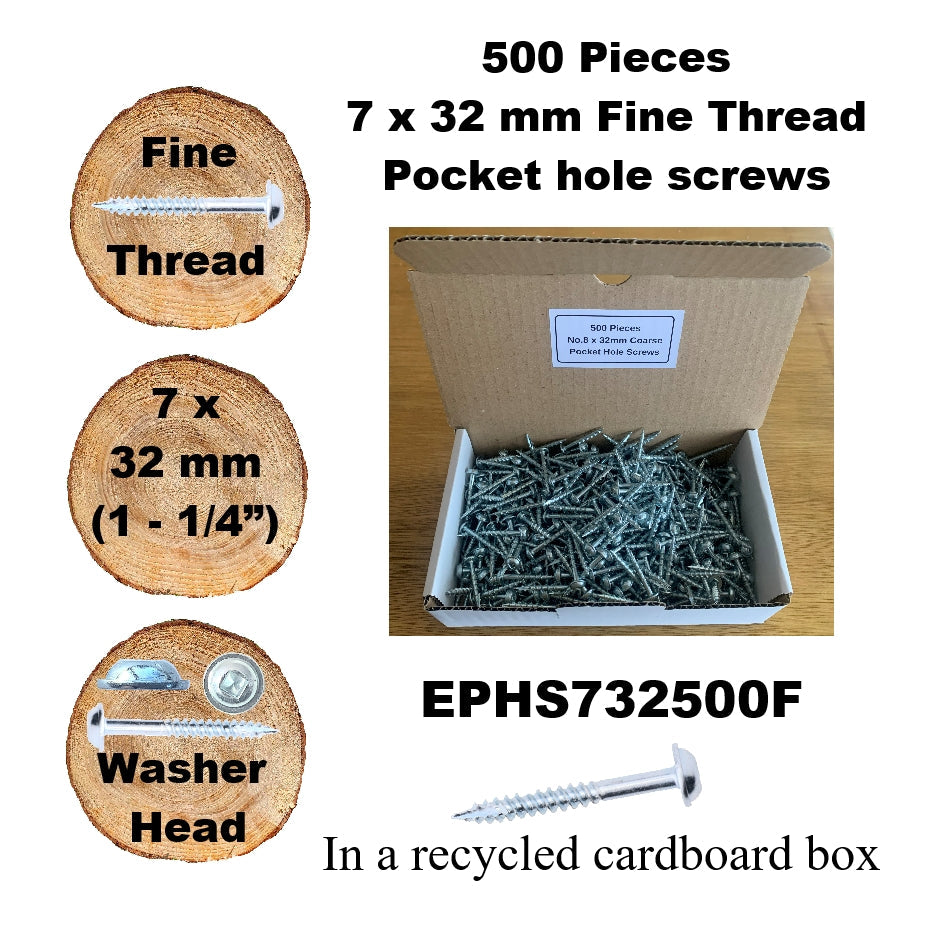 EPHS732500F Pocket Hole Screws - 500 x  32mm (1 1/4") x 7mm Fine Thread