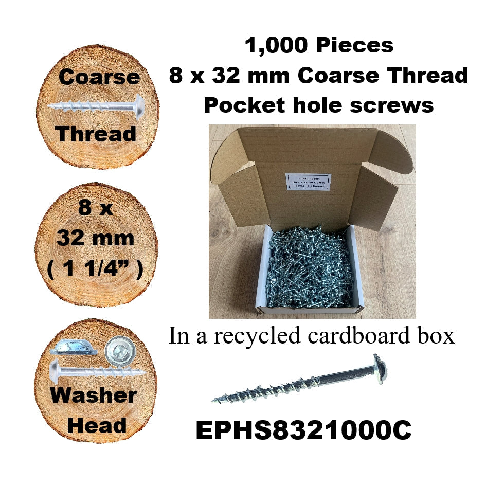 EPHS8321000C Pocket Hole Screws - 1,000 x  32mm (1-1/4") x 8mm Coarse Thread