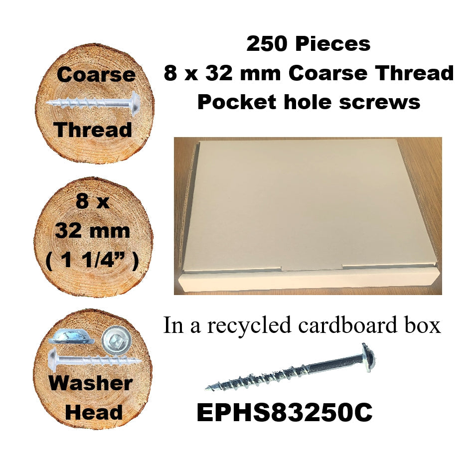 EPHS832250C Pocket Hole Screws - 250 x  32mm (1-1/4") x 8mm Coarse Thread