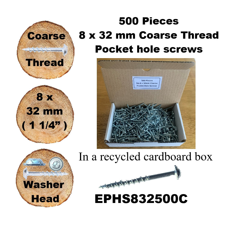 EPHS832500C Pocket Hole Screws - 500 x  32mm (1-1/4") x 8mm Coarse Thread