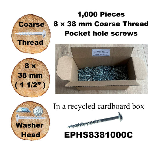 EPHS8381000C Pocket Hole Screws - 1,000 x  38mm (1-1/2") x 8mm Coarse Thread
