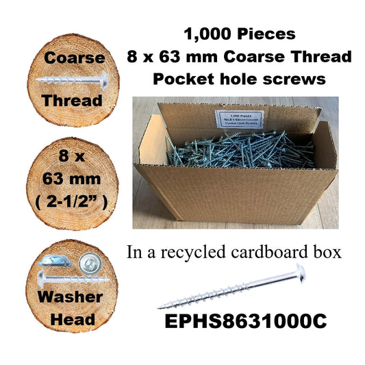 EPHS8631000C Pocket Hole Screws - 50 x  63mm (2-1/2") x 8mm Coarse Thread