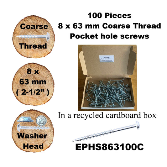 EPHS863100C Pocket Hole Screws - 100 x  63mm (2-1/2") x 8mm Coarse Thread