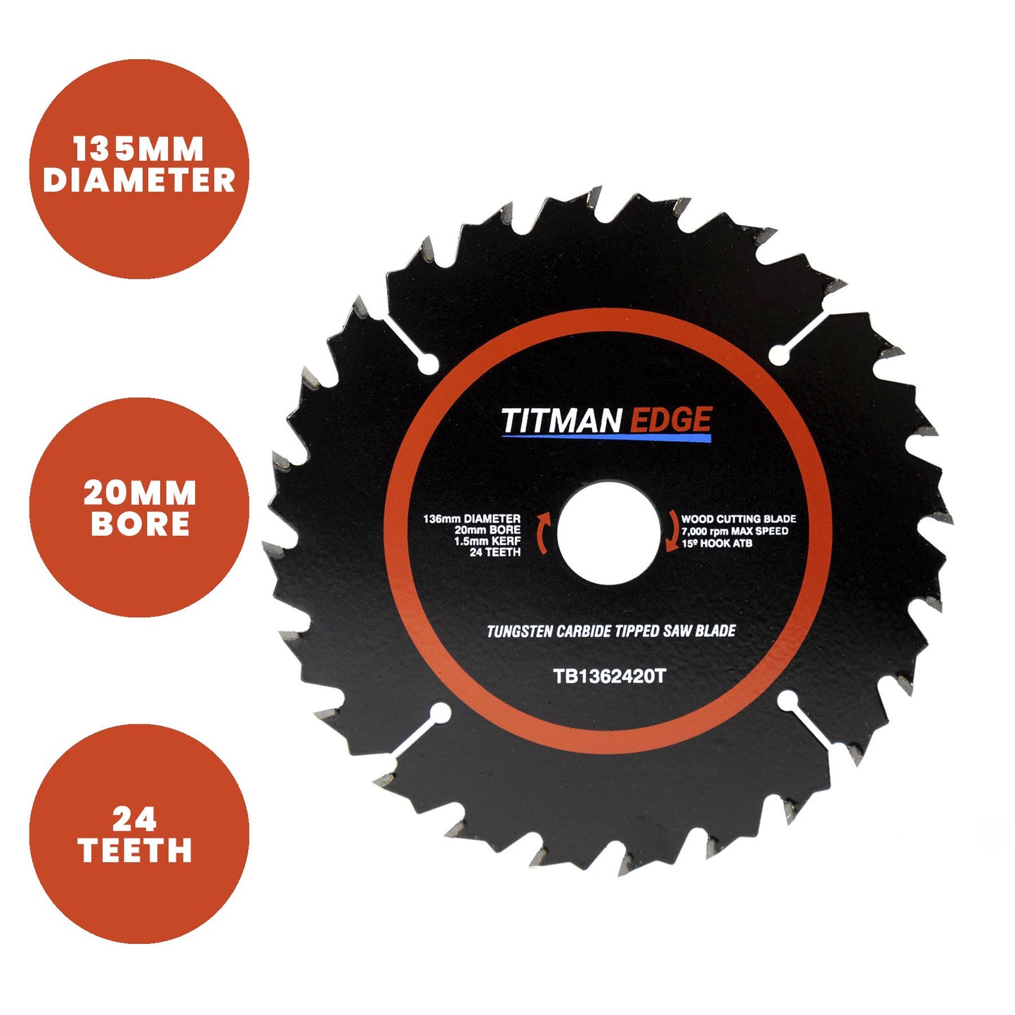 Titman Edge TCT Thin Kerf Circular Saw Blade 136mm x 20mm x 24 Tooth - TB1362420T