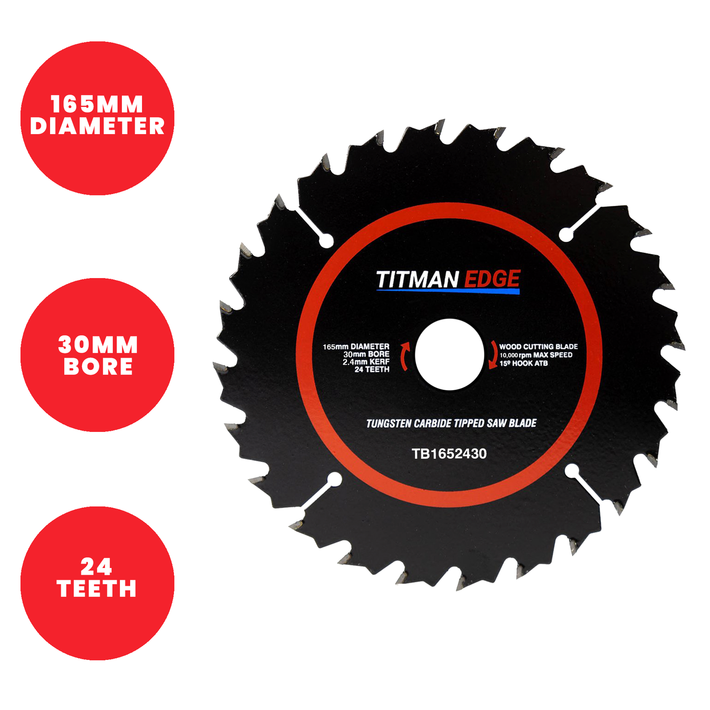 Titman Edge TCT Medium Finish Circular Saw Blade 165mm x 30mm x 24 Tooth - TB1652430