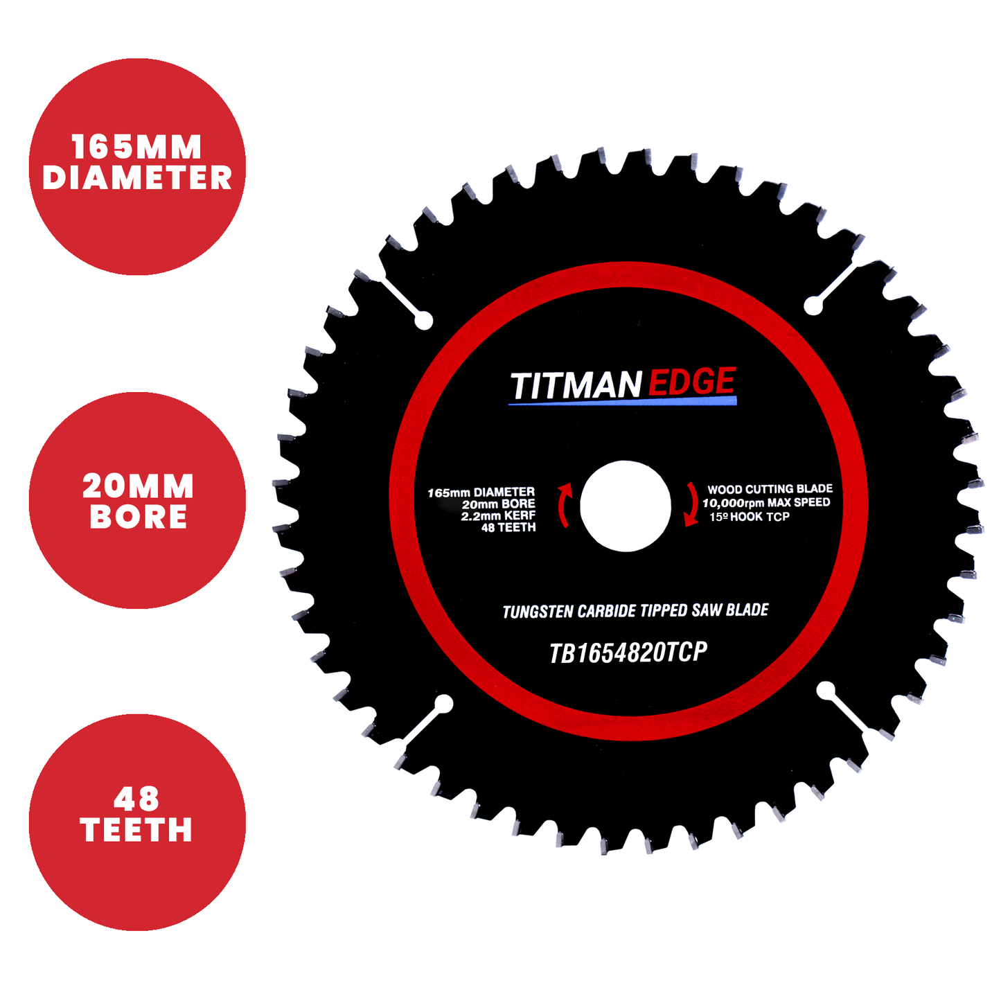 Titman Edge TCT Thin Kerf Fine Finish Circular Saw Blade 165mm x 20mm x 48 Tooth - TB1654820ATB