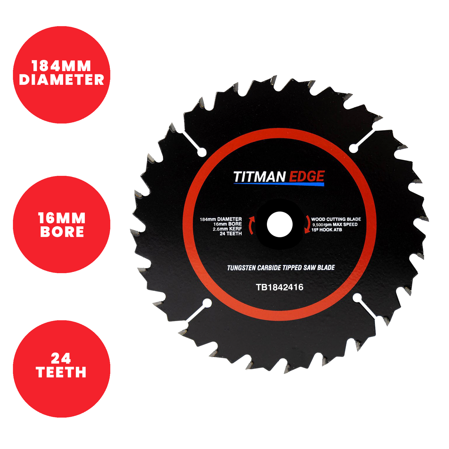 Titman Edge TCT Medium Finish Circular Saw Blade 184mm x 16mm x 24 Tooth - TB1842416