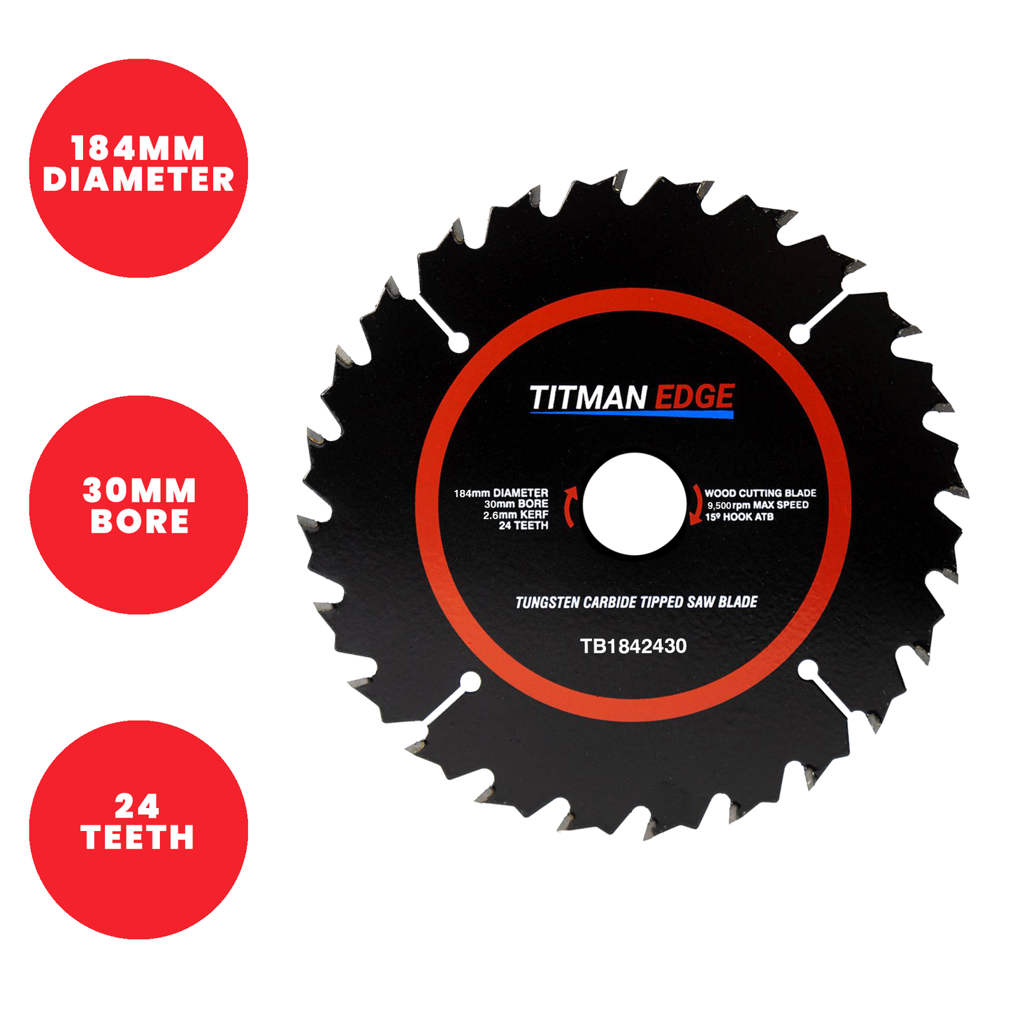 Titman Edge TCT Medium Finish Circular Saw Blade 184mm x 30mm x 24 Tooth - TB1842430