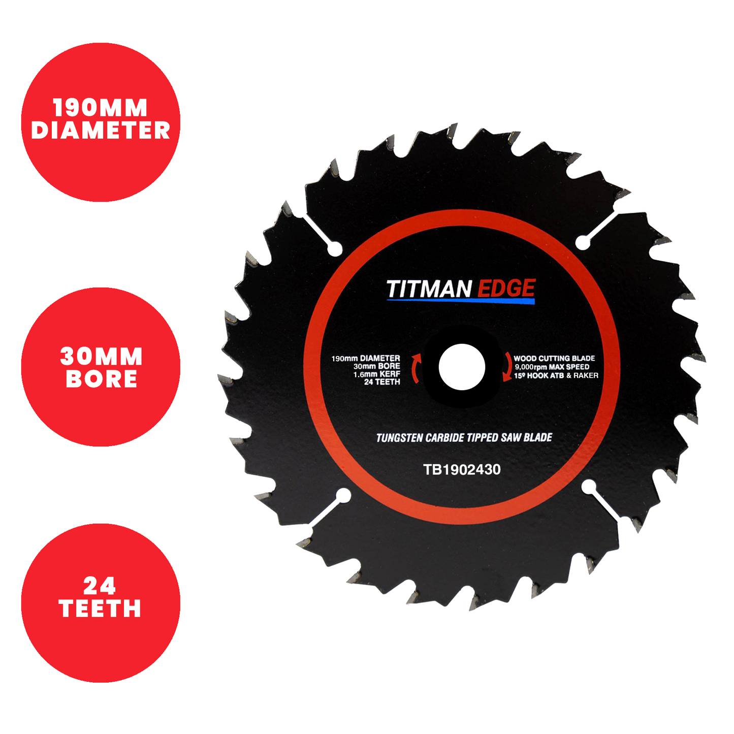 Titman Edge TCT General Purpose Saw Blade 190mm x 30mm x 24 Tooth - TB1902430