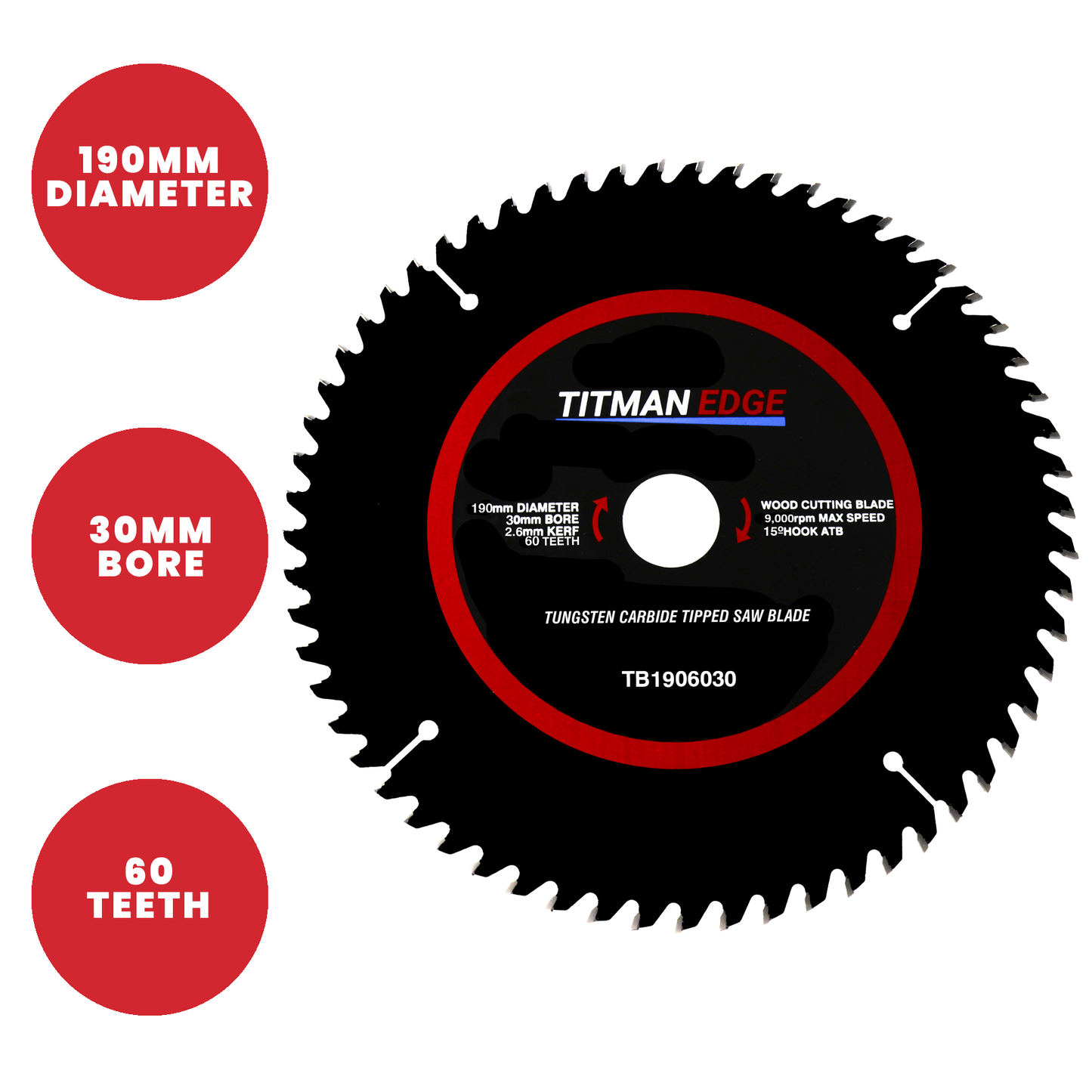 Titman Edge TCT Fine Finish Saw Blade 190mm x 30mm x 60 Tooth - TB1906030