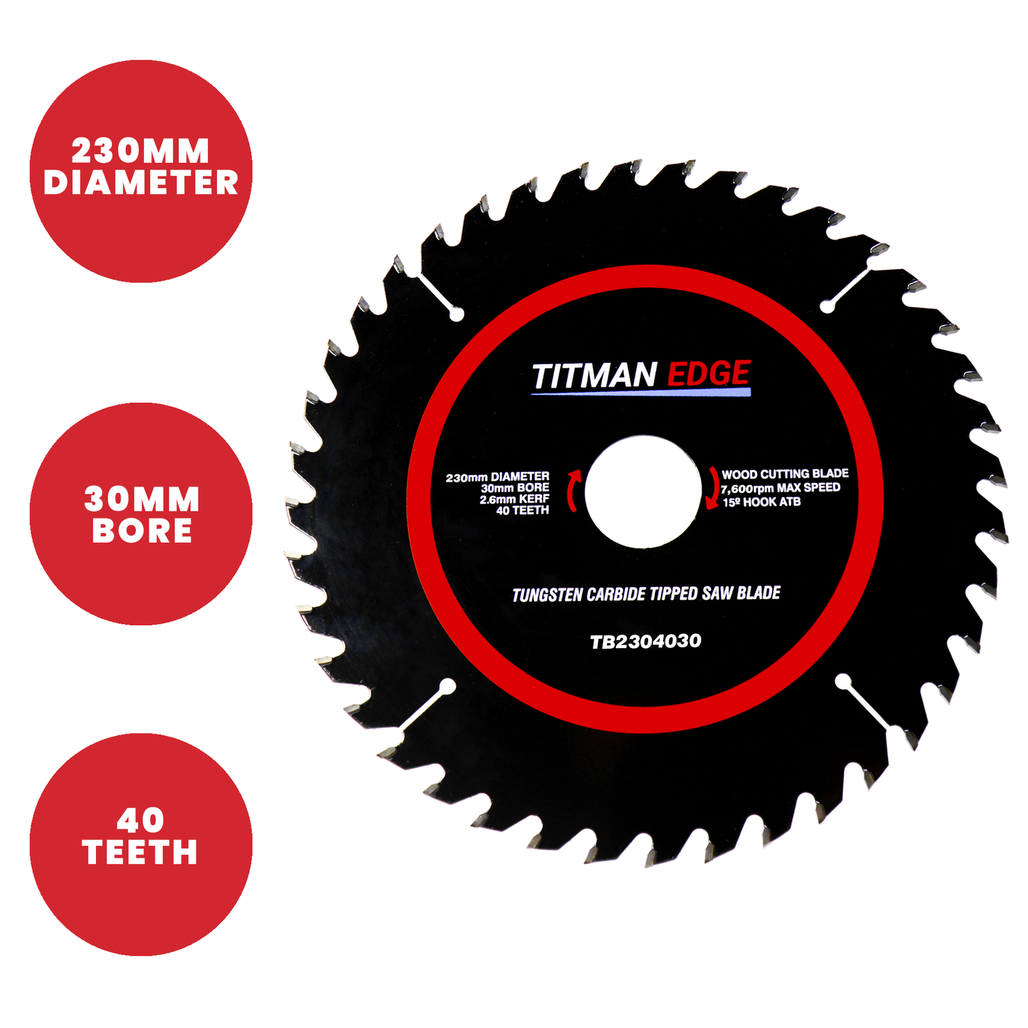 Titman Edge TCT Medium Finish Saw Blade 230mm x 30mm x 40 Tooth - TB2304030