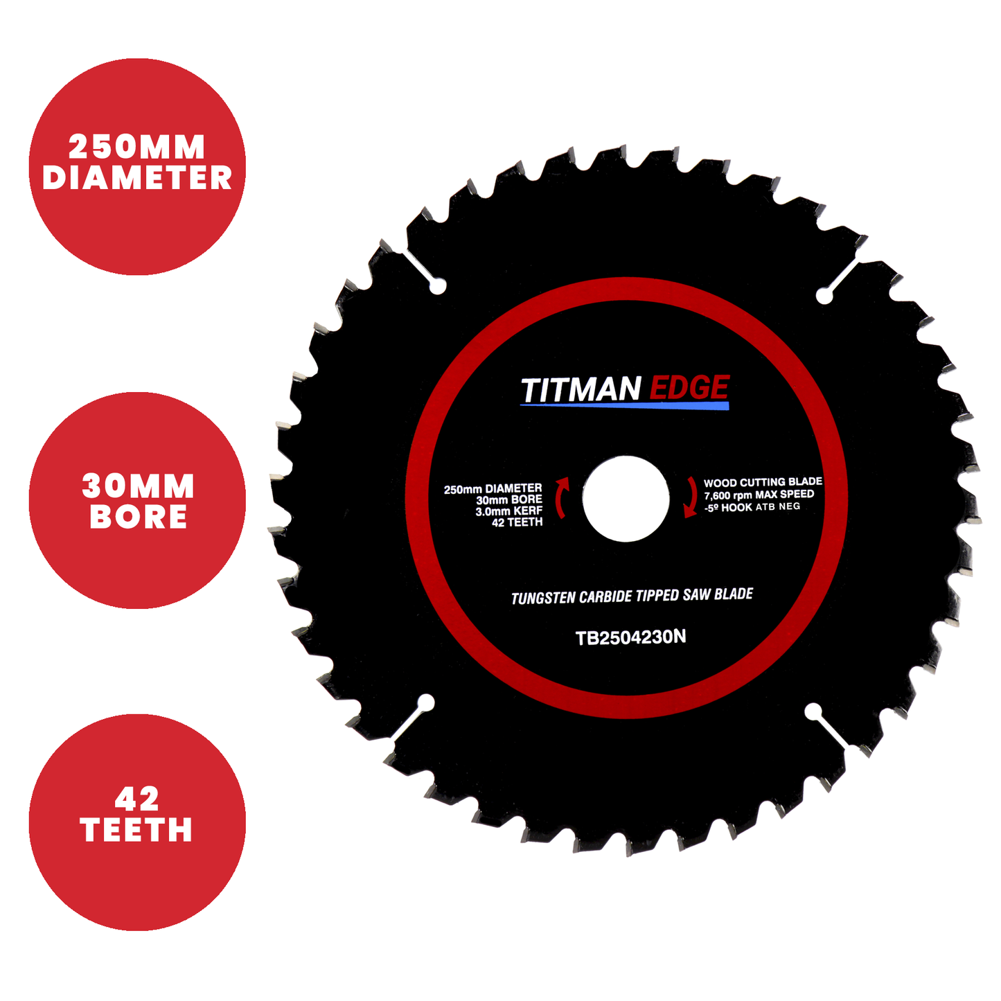 Titman Edge Tools TCT Medium Finish Mitre Saw Crosscutting Saw Blade 250mm x 30mm x 42 - TB2504230N