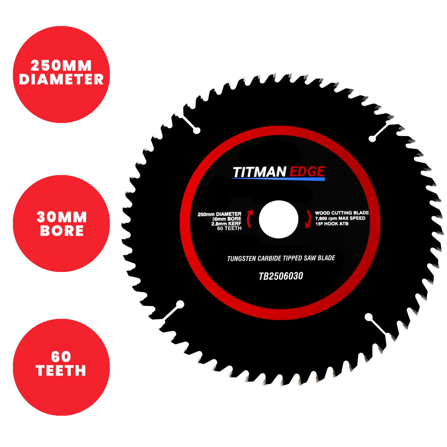 Titman Edge Tools Fine Finish Crosscutting Saw Blade TCT 250mm x 30mm 60 Tooth - TB2506030