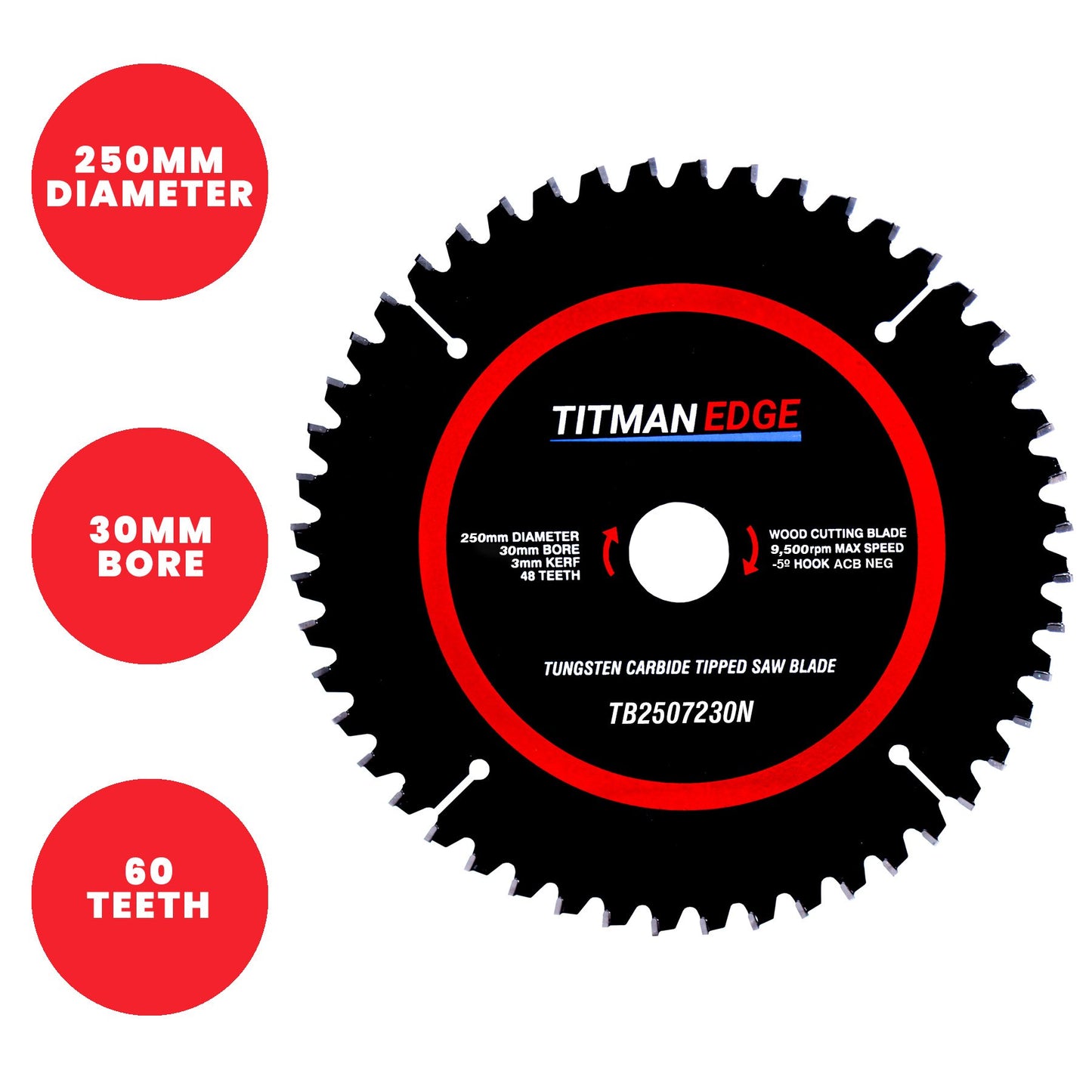 Titman Edge Tools TCT Extra Fine Finish Mitre Saw Crosscutting Saw Blade - 250mm x 30mm x 48 Tooth TCT - TB2507230N
