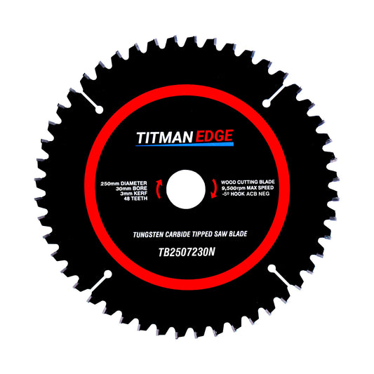 Titman Edge Tools TCT Extra Fine Finish Mitre Saw Crosscutting Saw Blade - 250mm x 30mm x 48 Tooth TCT - TB2507230N