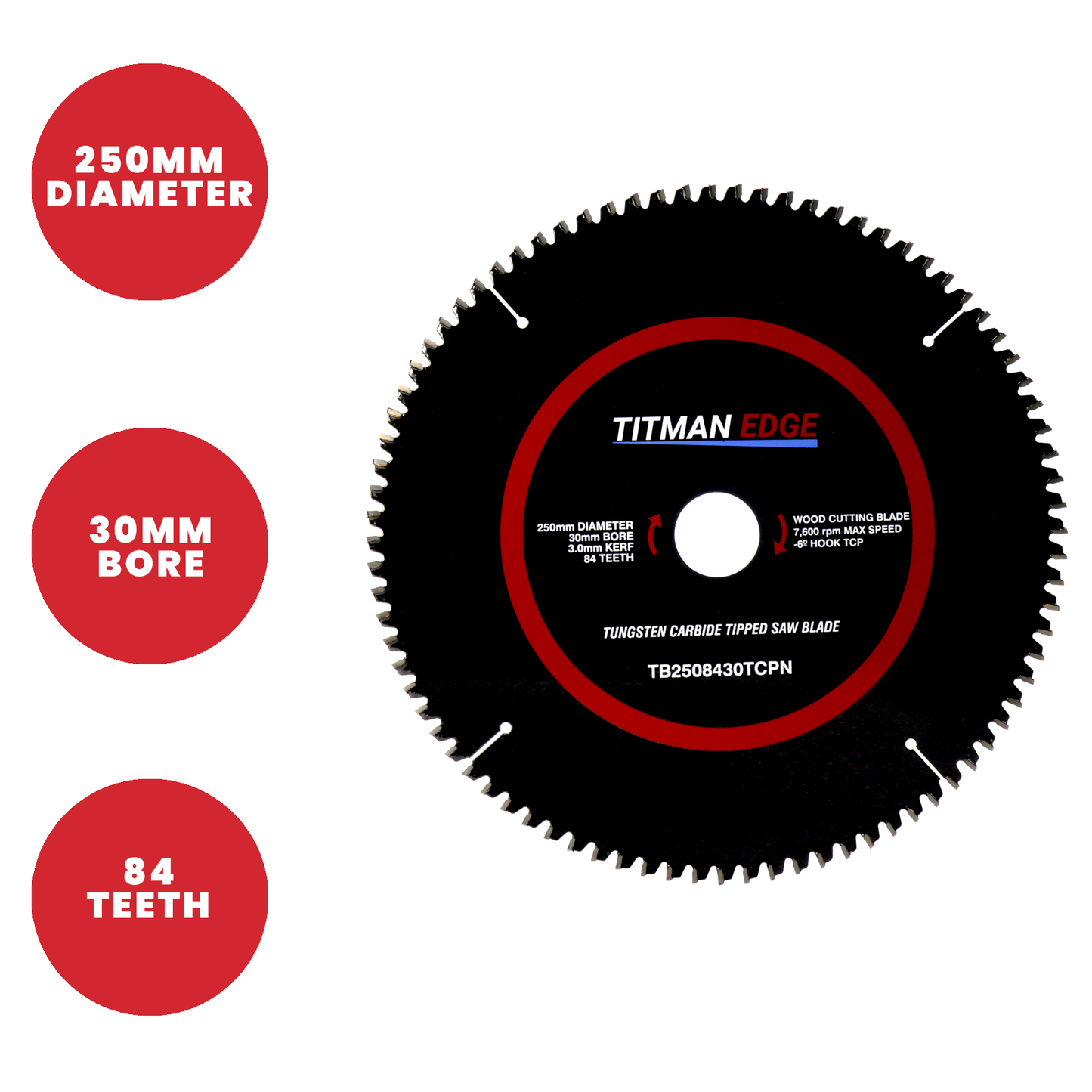 Titman Edge Tools TCT Saw Blade for Aluminium & Plastic 250mm x 30mm x 88 Tooth - TB2508430TCPN