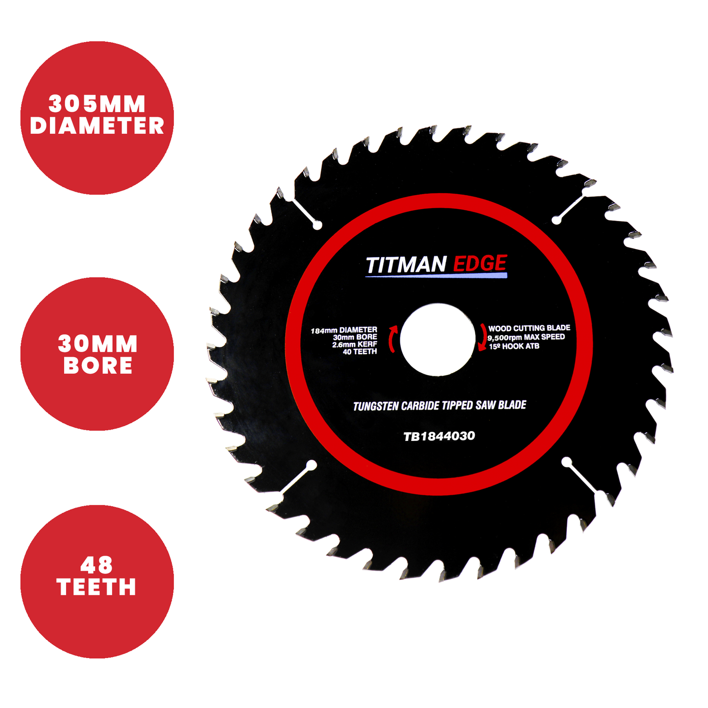 Titman Edge Tools Medium Finish Mitre Saw Crosscutting Saw Blade 305mm, 30mm, 48 Tooth - TB3054830N